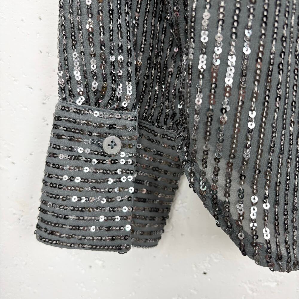 Anthropologie Sequin Button Down Shirt Collared Long Sleeve Slate Grey Small - Picture 12 of 12